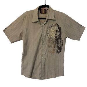 Franky Max Mens Short Sleeve Button Up Shirt‎ Graphic Print Tan Size M